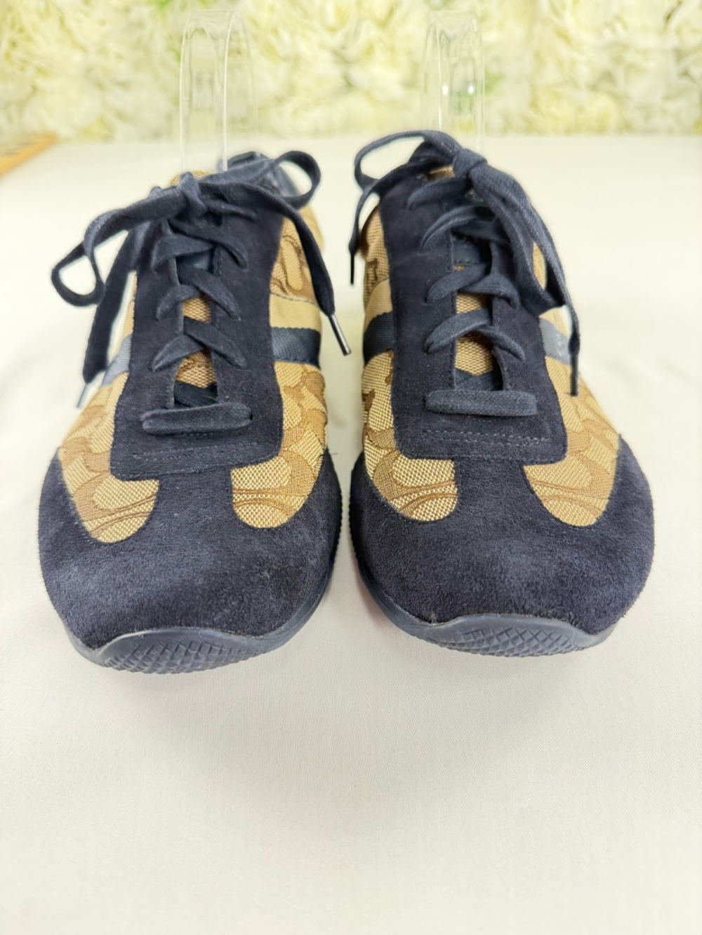 Coach Signature Sneakers Brown Canvas Navy Suede Lace Up Flats - Picture 2 of 10